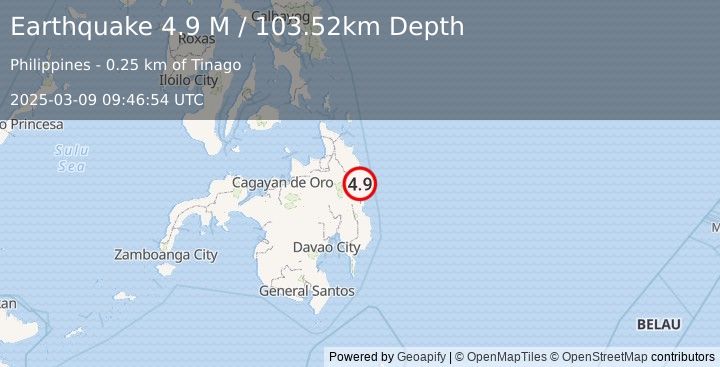 Earthquake Mindanao, Philippines (5.0 M) (2025-03-09 09:46:50 UTC)