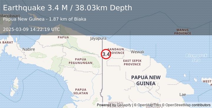 Earthquake New Guinea, Papua New Guinea (3.4 M) (2025-03-09 14:22:19 UTC)