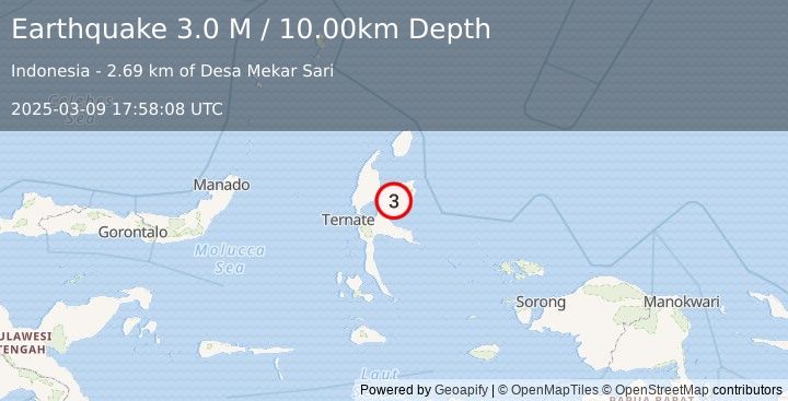 Earthquake Halmahera, Indonesia (3.0 M) (2025-03-09 17:58:08 UTC)