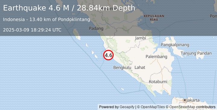 Earthquake Southern Sumatra, Indonesia (4.6 M) (2025-03-09 18:29:24 UTC)