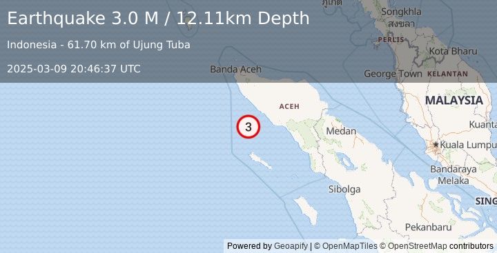 Earthquake Off West Coast of Northern Sumatra (3.0 M) (2025-03-09 20:46:37 UTC)