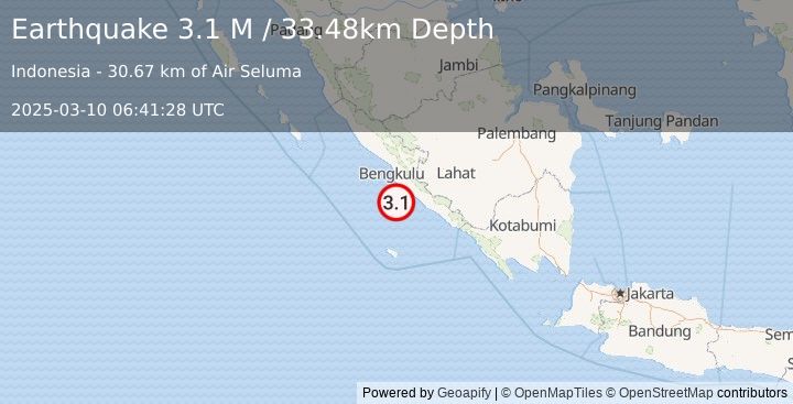 Earthquake Southern Sumatra, Indonesia (3.1 M) (2025-03-10 06:41:28 UTC)