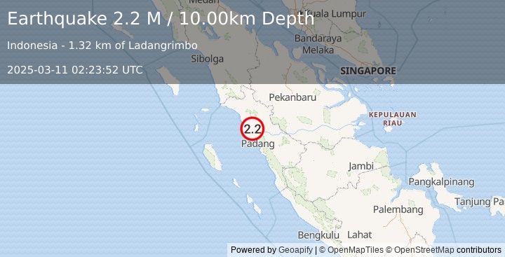 Earthquake Southern Sumatra, Indonesia (2.2 M) (2025-03-11 02:23:52 UTC)