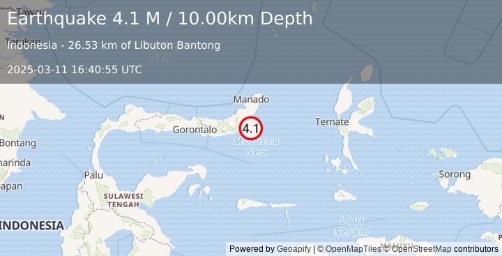 Earthquake Minahassa Peninsula, Sulawesi (4.1 M) (2025-03-11 16:40:55 UTC)