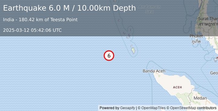 Earthquake Nicobar Islands, India Region (6.0 M) (2025-03-12 05:42:06 UTC)