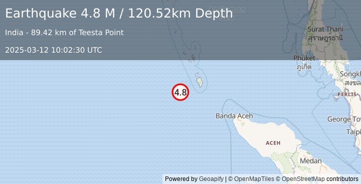 Earthquake Nicobar Islands, India Region (4.8 M) (2025-03-12 10:02:30 UTC)