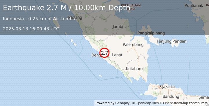 Earthquake Southern Sumatra, Indonesia (2.7 M) (2025-03-13 16:00:43 UTC)