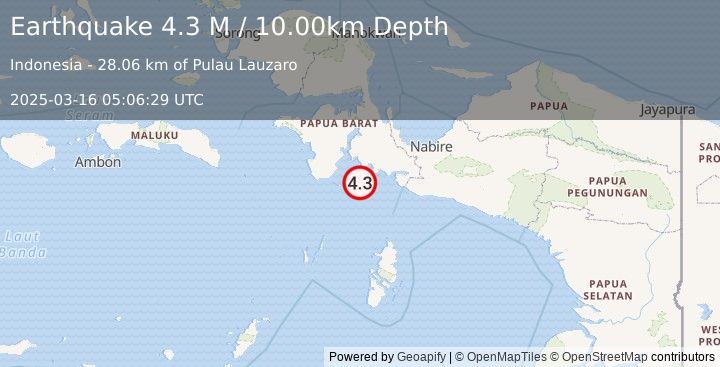 Earthquake West Papua Region, Indonesia (4.3 M) (2025-03-16 05:06:29 UTC)