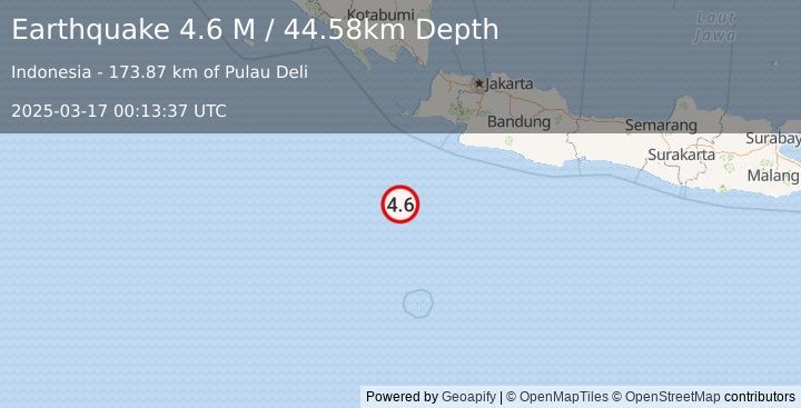 Earthquake South of Java, Indonesia (4.6 M) (2025-03-17 00:13:36 UTC)