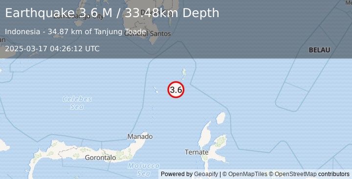 Earthquake Talaud Islands, Indonesia (3.6 M) (2025-03-17 04:26:12 UTC)