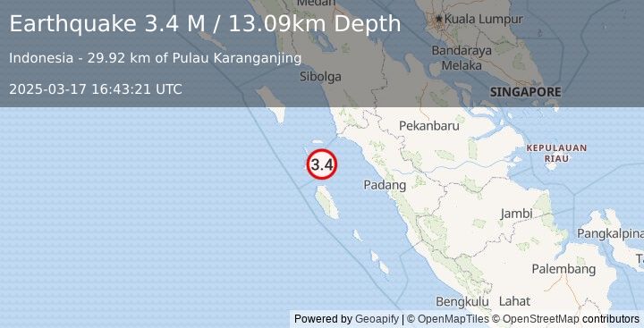 Earthquake Southern Sumatra, Indonesia (3.4 M) (2025-03-17 16:43:21 UTC)