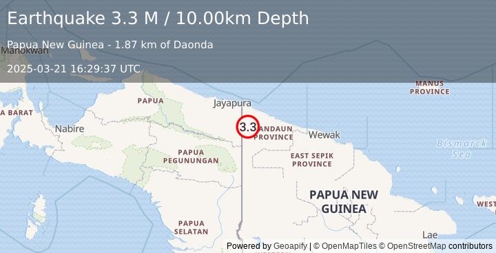 Earthquake New Guinea, Papua New Guinea (3.3 M) (2025-03-21 16:29:37 UTC)