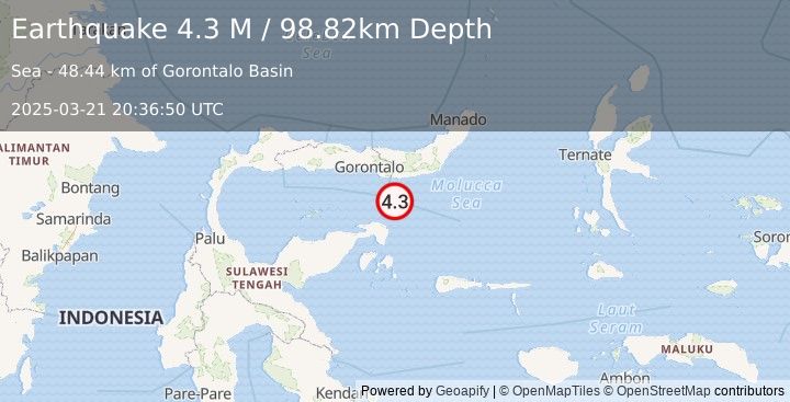 Earthquake Minahassa Peninsula, Sulawesi (4.3 M) (2025-03-21 20:36:50 UTC)