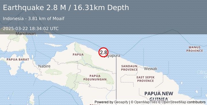 Earthquake Near North Coast of West Papua (2.8 M) (2025-03-22 18:34:02 UTC)