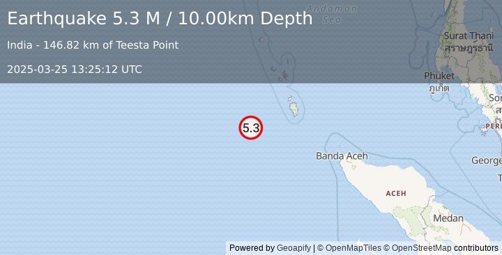 Earthquake Nicobar Islands, India Region (5.3 M) (2025-03-25 13:25:12 UTC)