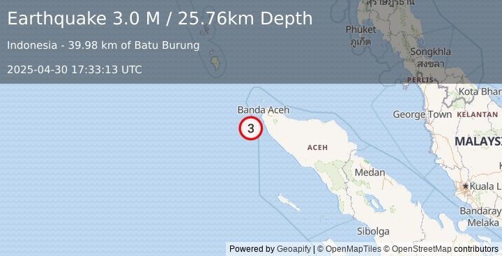 Earthquake Off West Coast of Northern Sumatra (3.0 M) (2025-04-30 17:33:13 UTC)