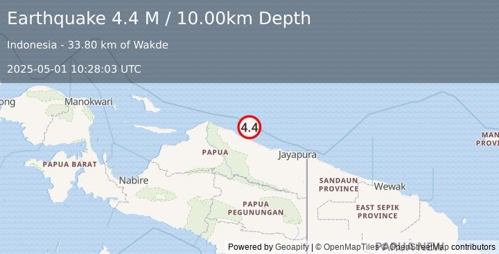Earthquake Near North Coast of West Papua (4.4 M) (2025-05-01 10:28:03 UTC)