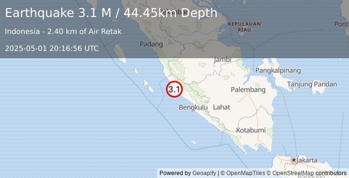Earthquake Southern Sumatra, Indonesia (3.1 M) (2025-05-01 20:16:56 UTC)