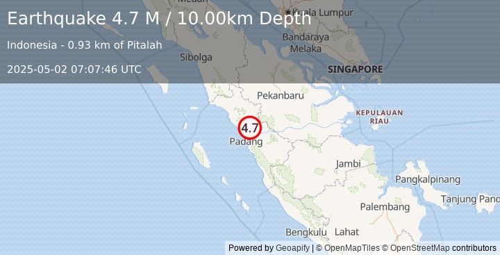 Earthquake Southern Sumatra, Indonesia (4.7 M) (2025-05-02 07:07:46 UTC)