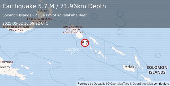 Earthquake Solomon Islands (5.7 M) (2025-05-02 10:59:23 UTC)