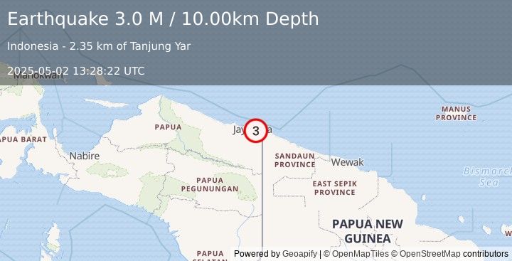 Earthquake Near North Coast of West Papua (3.0 M) (2025-05-02 13:28:22 UTC)