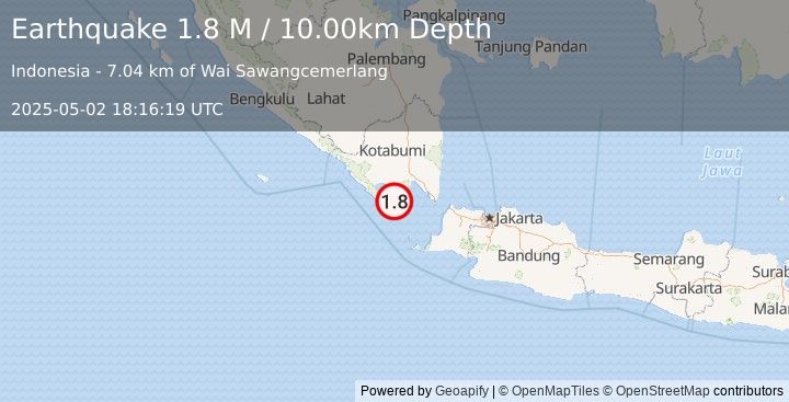 Earthquake Southern Sumatra, Indonesia (1.8 M) (2025-05-02 18:16:19 UTC)
