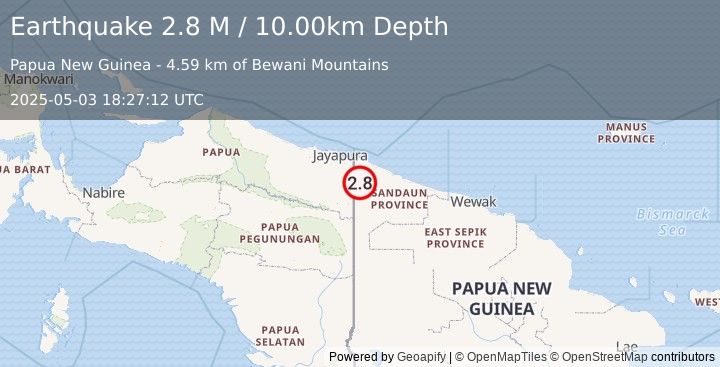 Earthquake New Guinea, Papua New Guinea (2.8 M) (2025-05-03 18:27:12 UTC)