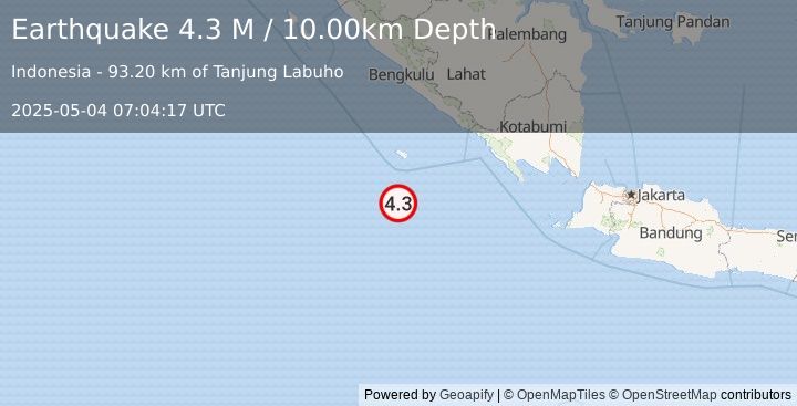 Earthquake Southwest of Sumatra, Indonesia (4.3 M) (2025-05-04 07:04:19 UTC)