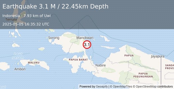 Earthquake West Papua Region, Indonesia (3.1 M) (2025-05-05 16:35:32 UTC)
