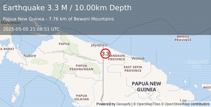 Earthquake New Guinea, Papua New Guinea (3.3 M) (2025-05-05 21:08:51 UTC)