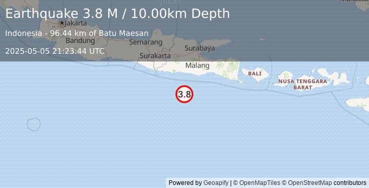 Earthquake South of Java, Indonesia (3.8 M) (2025-05-05 21:23:44 UTC)