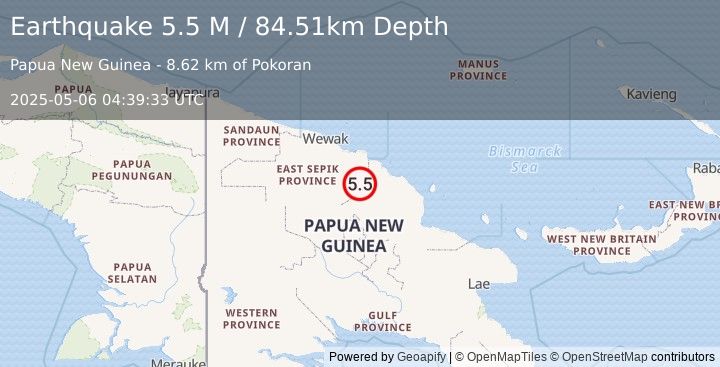 Earthquake Near North Coast of Papua New Guinea (5.5 M) (2025-05-06 04:39:33 UTC)