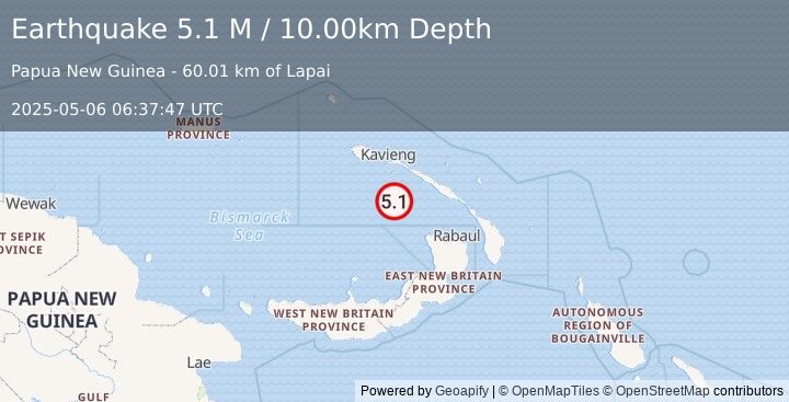 Earthquake New Ireland Region, Papua New Guinea (5.1 M) (2025-05-06 06:37:47 UTC)