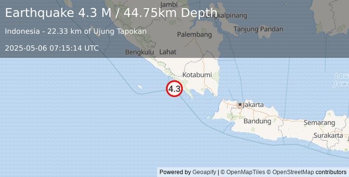 Earthquake Southern Sumatra, Indonesia (4.3 M) (2025-05-06 07:15:14 UTC)