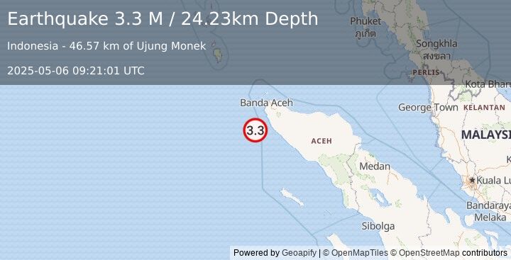 Earthquake Off West Coast of Northern Sumatra (3.3 M) (2025-05-06 09:21:01 UTC)