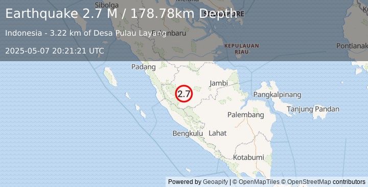 Earthquake Southern Sumatra, Indonesia (2.7 M) (2025-05-07 20:21:21 UTC)
