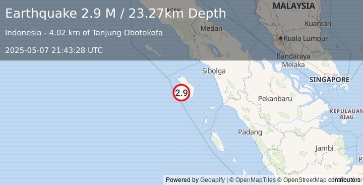 Earthquake Northern Sumatra, Indonesia (2.9 M) (2025-05-07 21:43:28 UTC)