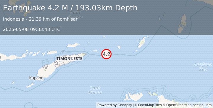 Earthquake Timor Sea (4.2 M) (2025-05-08 09:33:45 UTC)
