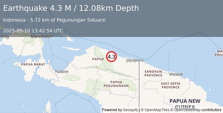 Earthquake Near North Coast of West Papua (4.3 M) (2025-05-10 13:42:54 UTC)
