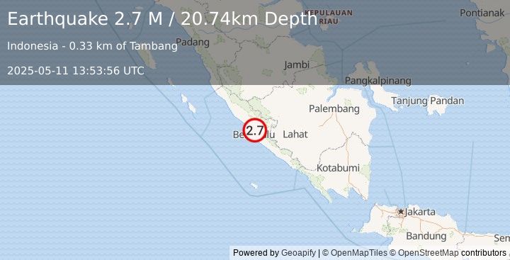 Earthquake Southern Sumatra, Indonesia (2.7 M) (2025-05-11 13:53:56 UTC)