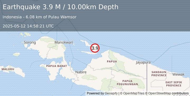 Earthquake West Papua Region, Indonesia (3.9 M) (2025-05-12 14:58:21 UTC)