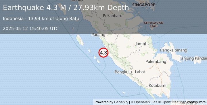 Earthquake Southern Sumatra, Indonesia (4.3 M) (2025-05-12 15:40:05 UTC)
