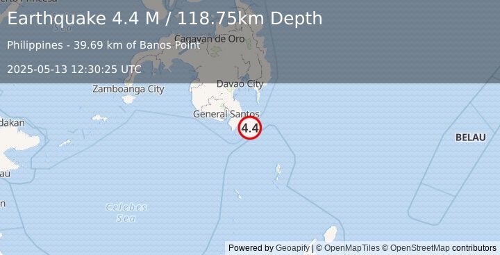 Earthquake Mindanao, Philippines (4.4 M) (2025-05-13 12:30:25 UTC)