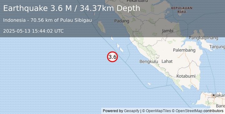 Earthquake Southwest of Sumatra, Indonesia (3.6 M) (2025-05-13 15:44:02 UTC)