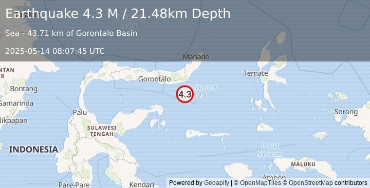Earthquake Southern Molucca Sea (4.3 M) (2025-05-14 08:07:45 UTC)