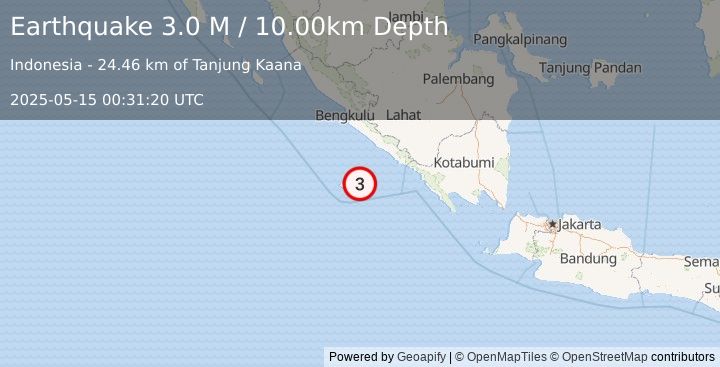 Earthquake Southern Sumatra, Indonesia (3.0 M) (2025-05-15 00:31:20 UTC)