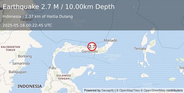 Earthquake Minahassa Peninsula, Sulawesi (2.7 M) (2025-05-16 00:22:45 UTC)