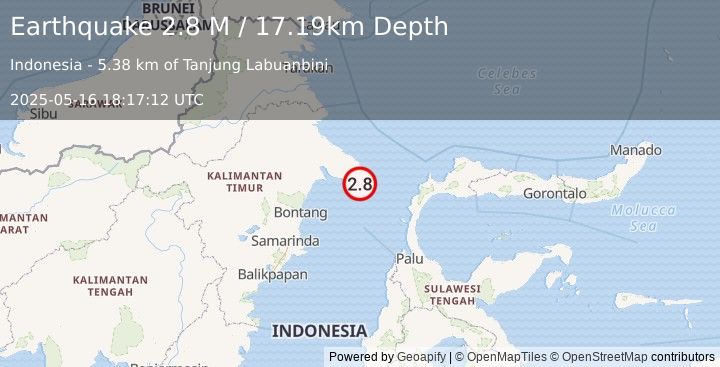 Earthquake Borneo (2.8 M) (2025-05-16 18:17:12 UTC)