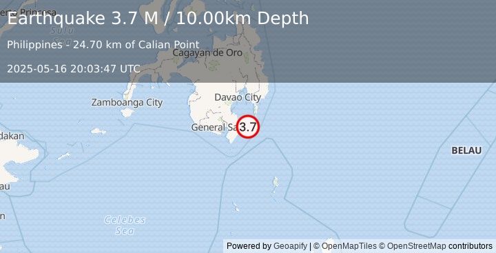 Earthquake Mindanao, Philippines (3.7 M) (2025-05-16 20:03:47 UTC)