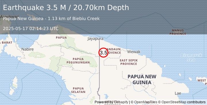 Earthquake New Guinea, Papua New Guinea (3.5 M) (2025-05-17 02:14:23 UTC)